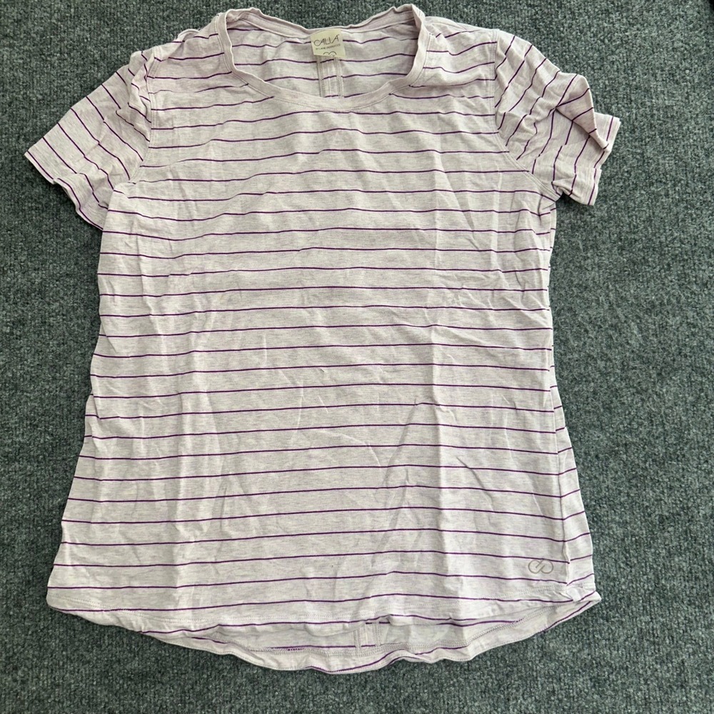 CALIA T-Shirt Womens Size M Purple Striped Short Sleeve Activewear Crew Neck Top